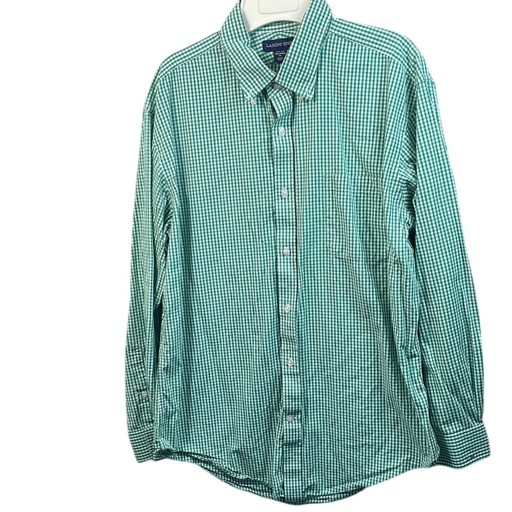Lands' End Green Gingham Check Button Down‎ Long Sleeve Shirt